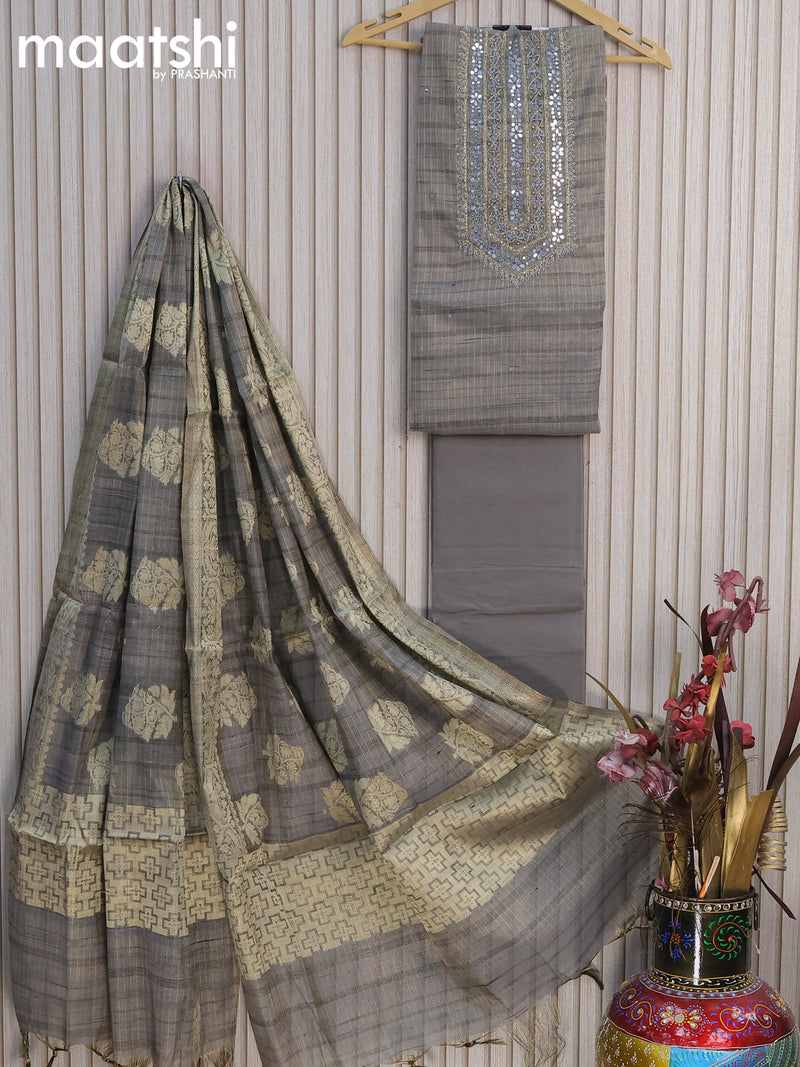 Tissue dress material grey  with mirror work neck pattern and bottom & banarasi style dupatta
