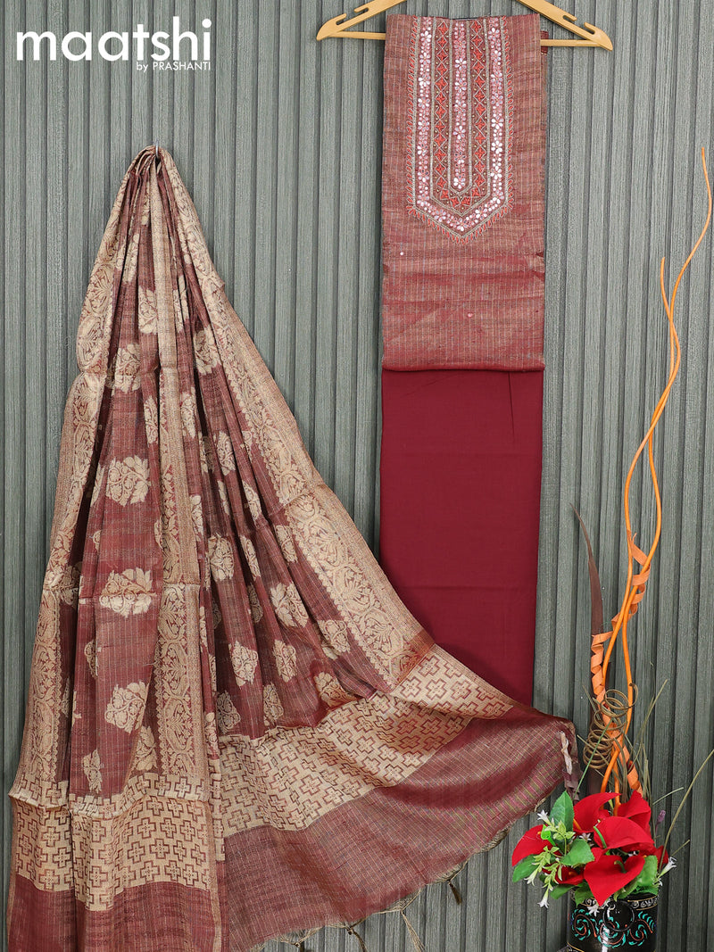Tissue dress material maroon  with mirror work neck pattern and bottom & banarasi style dupatta