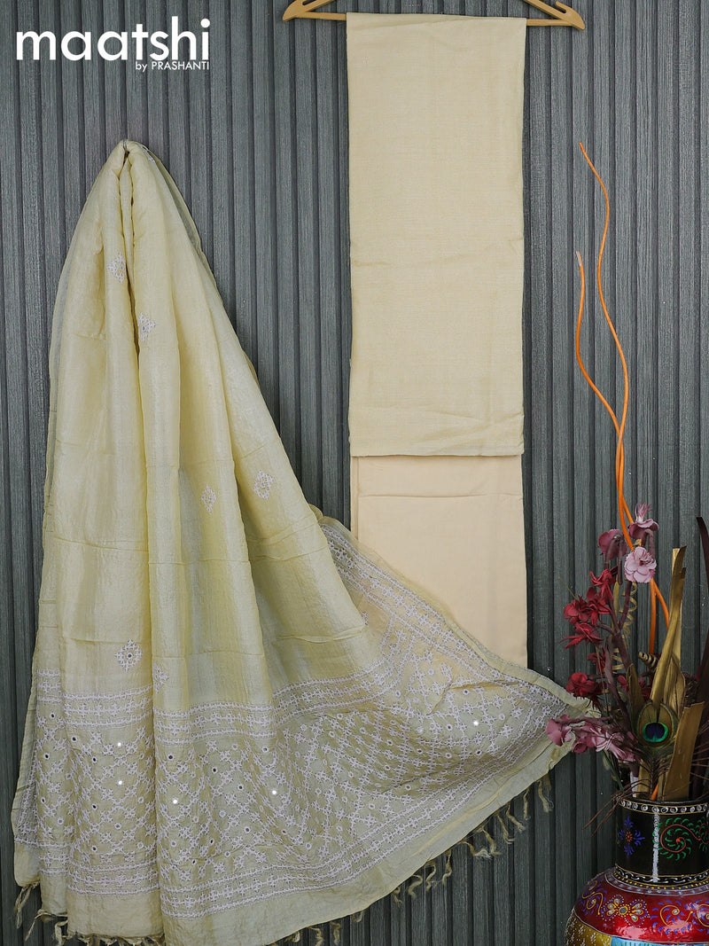 Pure tussar silk dress material pale yellow  with plain body and bottom & embroidery work dupatta