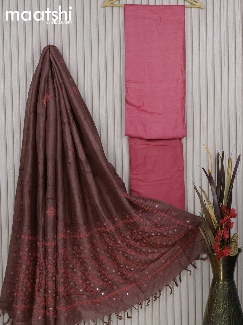 Pure tussar silk dress material pink shade  with plain body and bottom & embroidery work dupatta