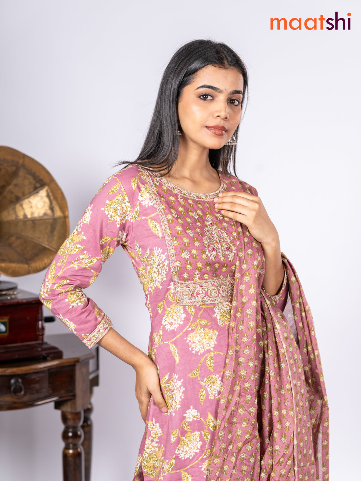 Cotton salwar suit mauve pink with allover prints & sequin lace work neck pattern and straight cut pant & dupatta