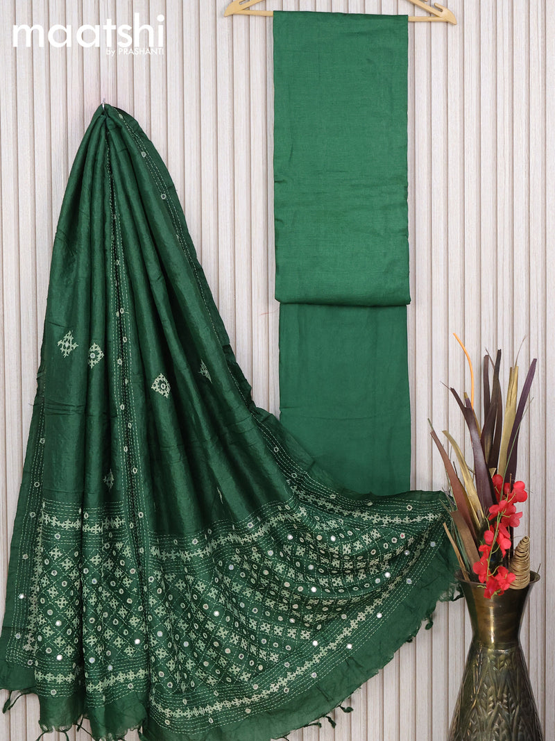 Pure tussar silk dress material dark green  with plain body and bottom & embroidery work dupatta