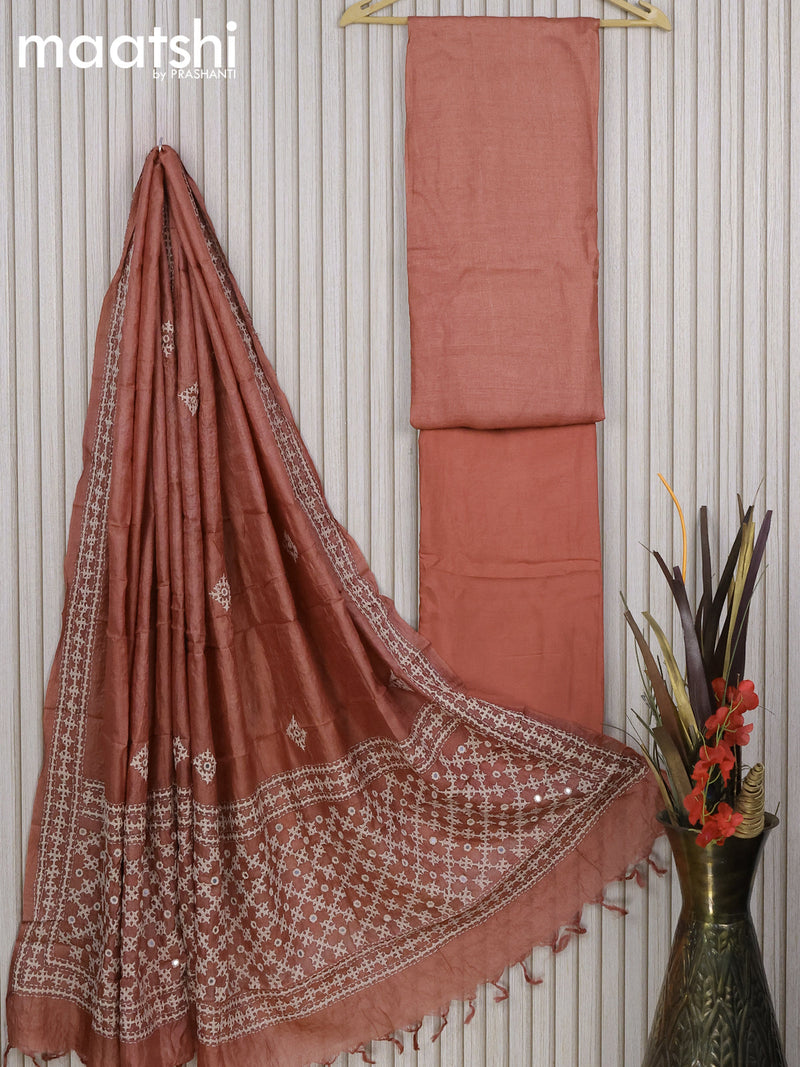 Pure tussar silk dress material rust shade  with plain body and bottom & embroidery work dupatta