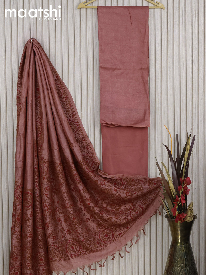Pure tussar silk dress material pastel maroon rust shade with plain body and bottom & embroidery work dupatta