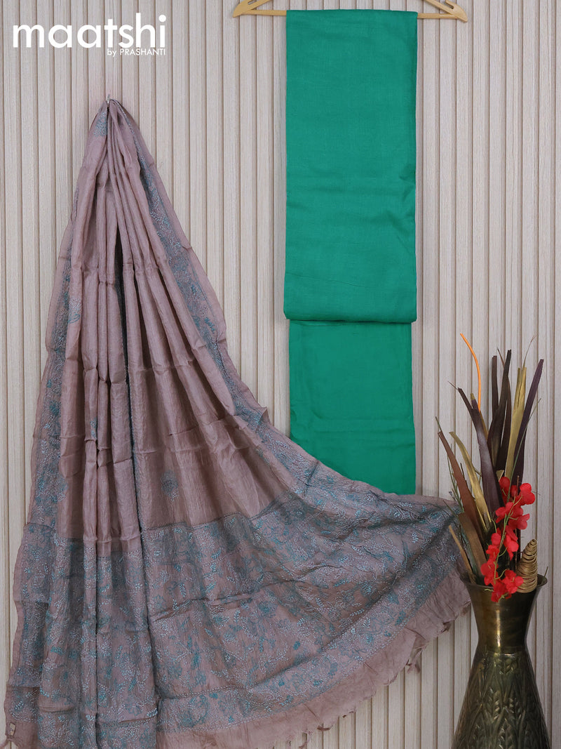 Pure tussar silk dress material teal green  with plain body and bottom & embroidery work dupatta