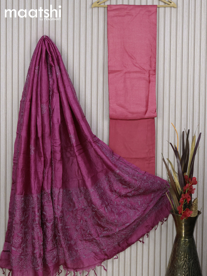 Pure tussar silk dress material pink shade  with plain body and bottom & embroidery work dupatta