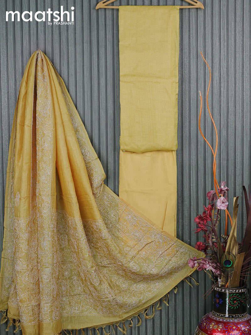 Pure tussar silk dress material yellow  with plain body and bottom & embroidery work dupatta