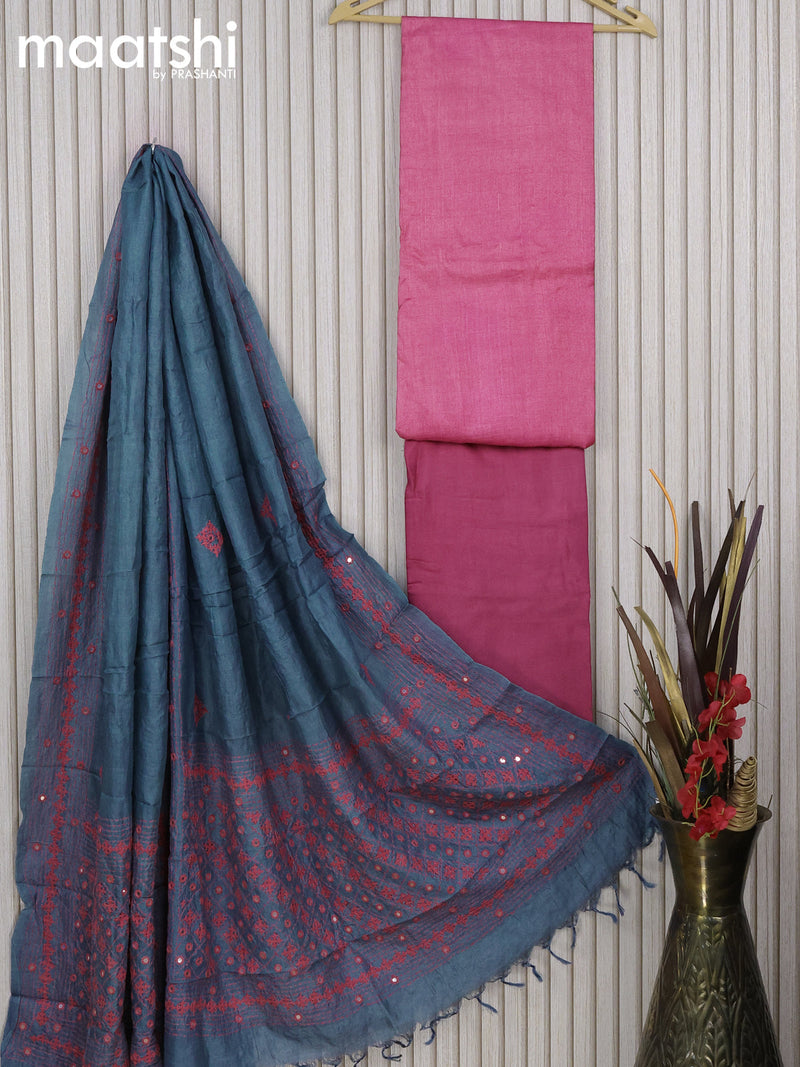 Pure tussar silk dress material light pink grey with plain body and bottom & embroidery work dupatta