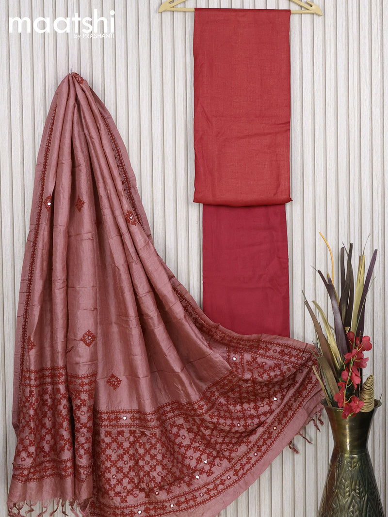 Pure tussar silk dress material red  with plain body and bottom & embroidery work dupatta