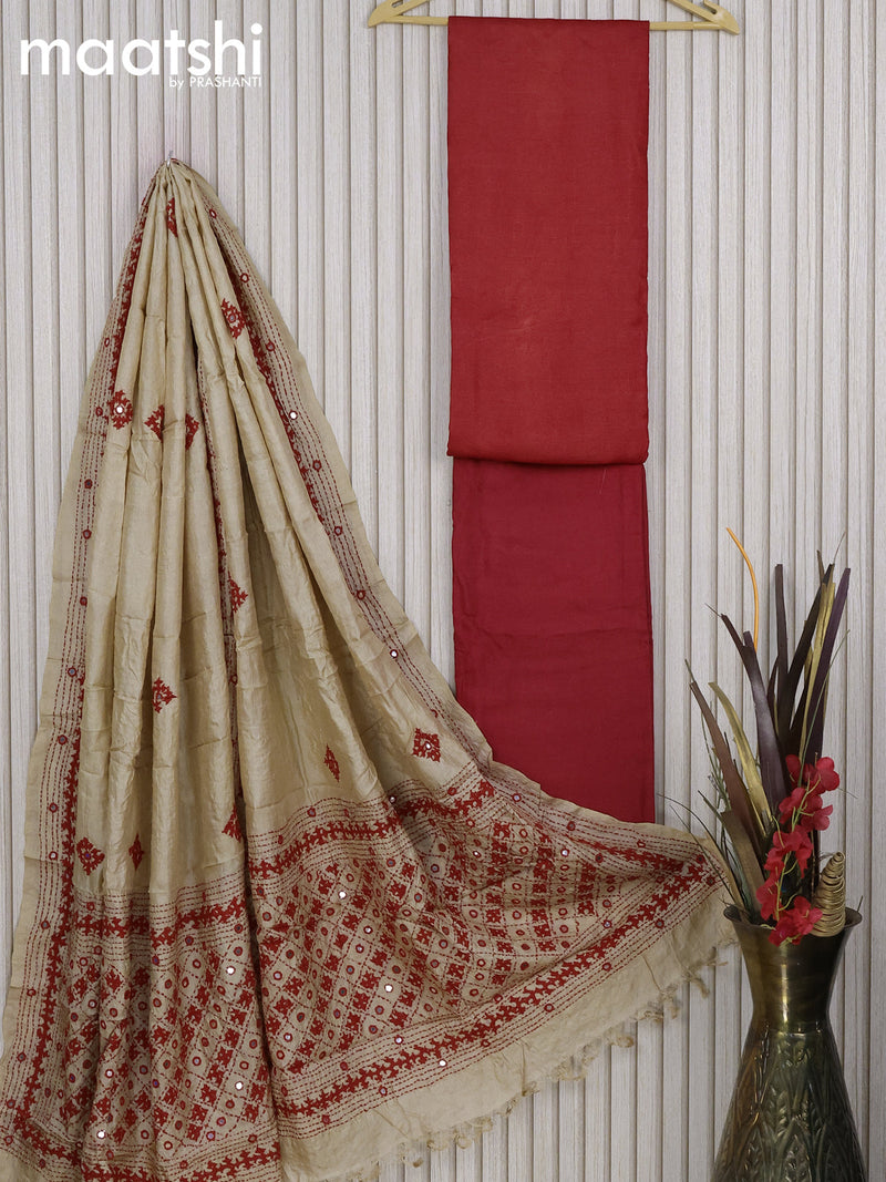 Pure tussar silk dress material red sandal with plain body and bottom & embroidery work dupatta