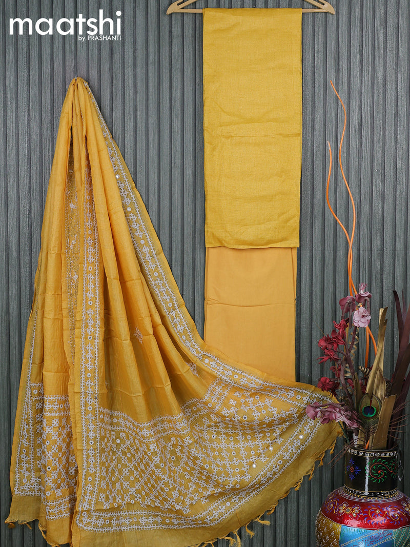 Pure tussar silk dress material yellow  with plain body and bottom & embroidery work dupatta