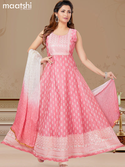 Raw silk readymade anarkali salwar suits light pink with allover prints & sequin work neck pattern and straight cut pant & sequin work dupatta - sleeves attached