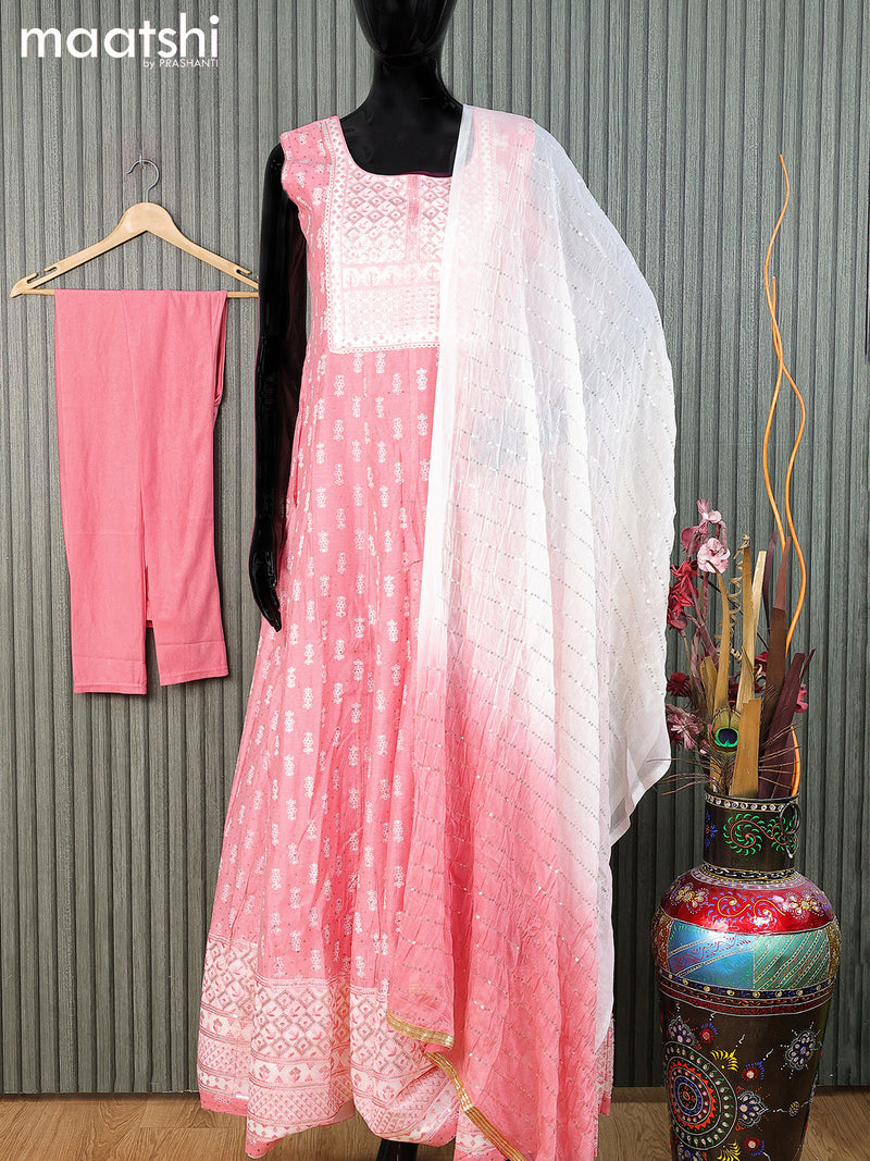 Raw silk readymade anarkali salwar suits light pink with allover prints & sequin work neck pattern and straight cut pant & sequin work dupatta - sleeves attached