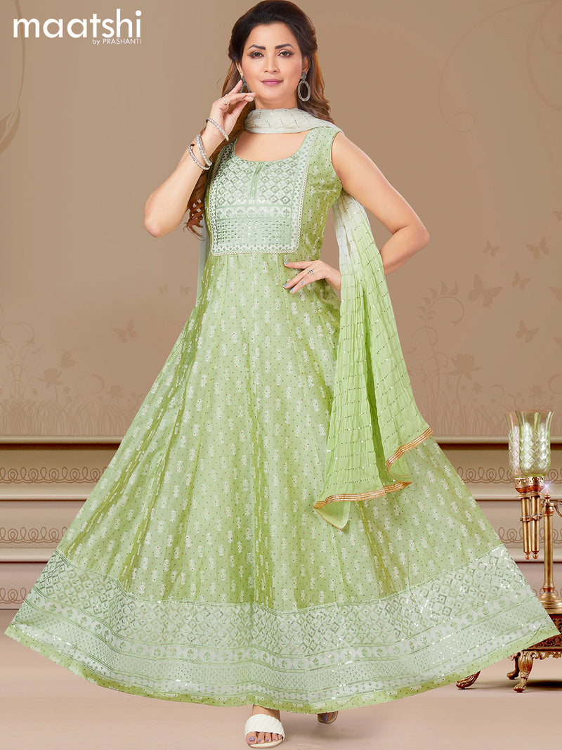 Raw silk readymade anarkali salwar suits pista green with allover prints & sequin work neck pattern and straight cut pant & sequin work dupatta - sleeves attached