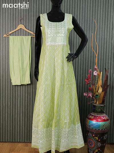 Raw silk readymade anarkali salwar suits pista green with allover prints & sequin work neck pattern and straight cut pant & sequin work dupatta - sleeves attached