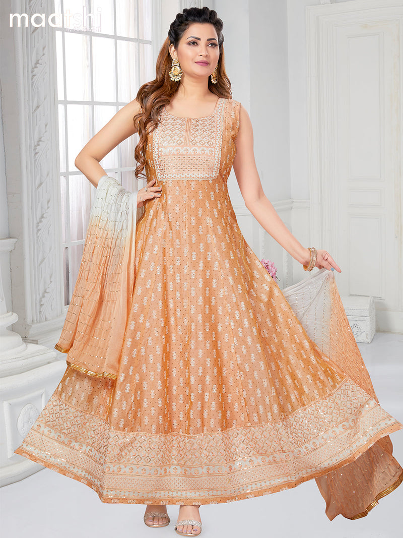 Raw silk readymade anarkali salwar suits pale orange with allover prints & sequin work neck pattern and straight cut pant & sequin work dupatta - sleeves attached