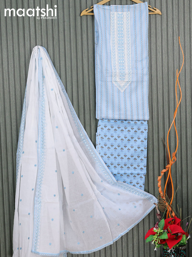 Cotton dress material pastel blue off white with allover prints & embroidery work neck pattern and bottom & embroidery dupatta