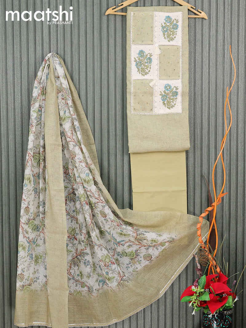 Linen cotton dress material pista green  with embroidery work & crocia lace work neck pattern and bottom & printed dupatta