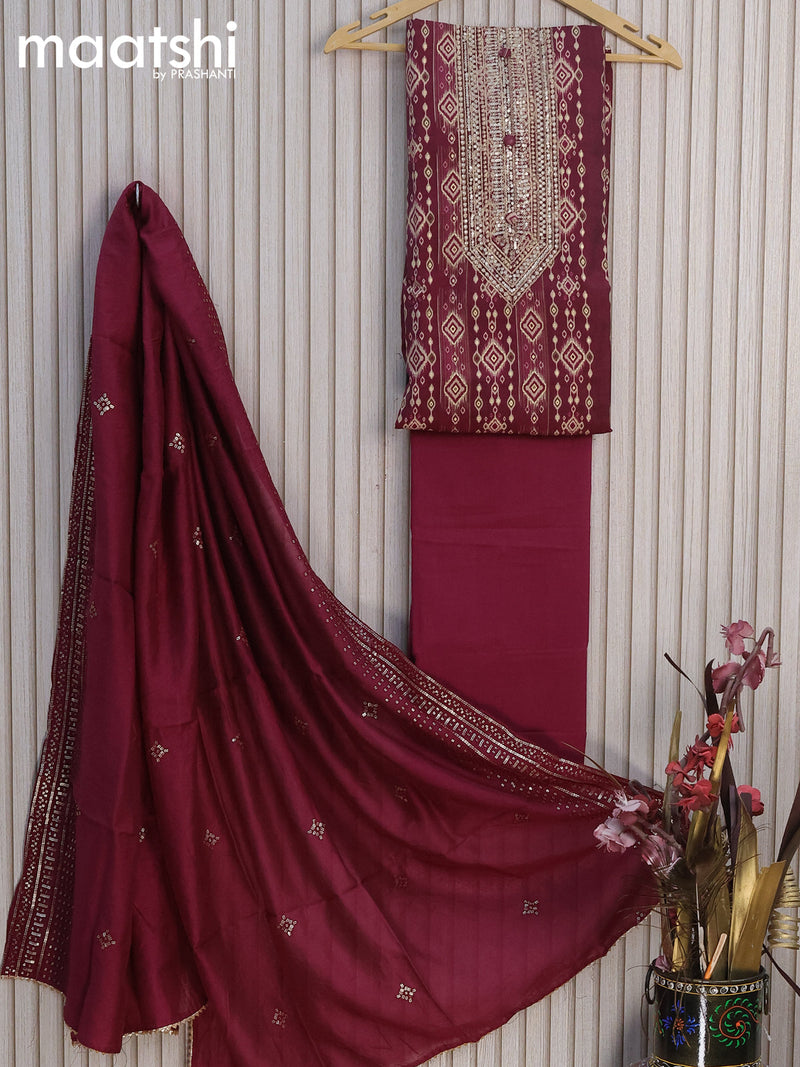 Modal dress material dark magenta  with ikat prints & sequin work neck pattern and bottom & sequin work dupatta