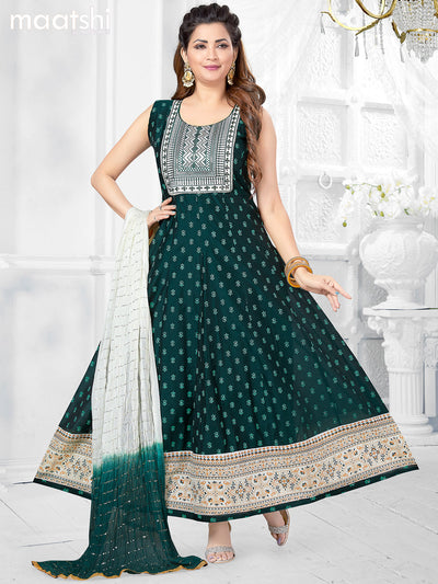 Chanderi readymade anarkali salwar suits bottle green with butta prints & sequin work neck pattern and straight cut pant & sequin work dupatta - sleeves attached