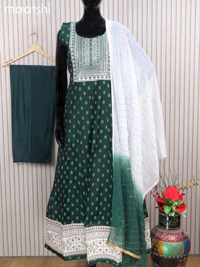 Chanderi readymade anarkali salwar suits bottle green with butta prints & sequin work neck pattern and straight cut pant & sequin work dupatta - sleeves attached
