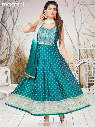 Chanderi readymade anarkali salwar suits teal blue with butta prints & sequin work neck pattern and straight cut pant & sequin work dupatta - sleeves attached