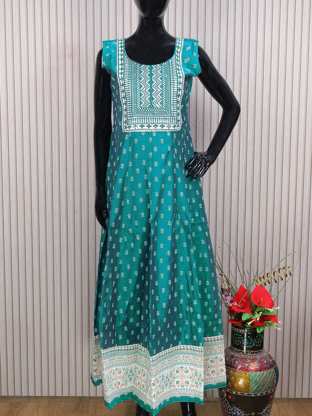 Chanderi readymade anarkali salwar suits teal blue with butta prints & sequin work neck pattern and straight cut pant & sequin work dupatta - sleeves attached