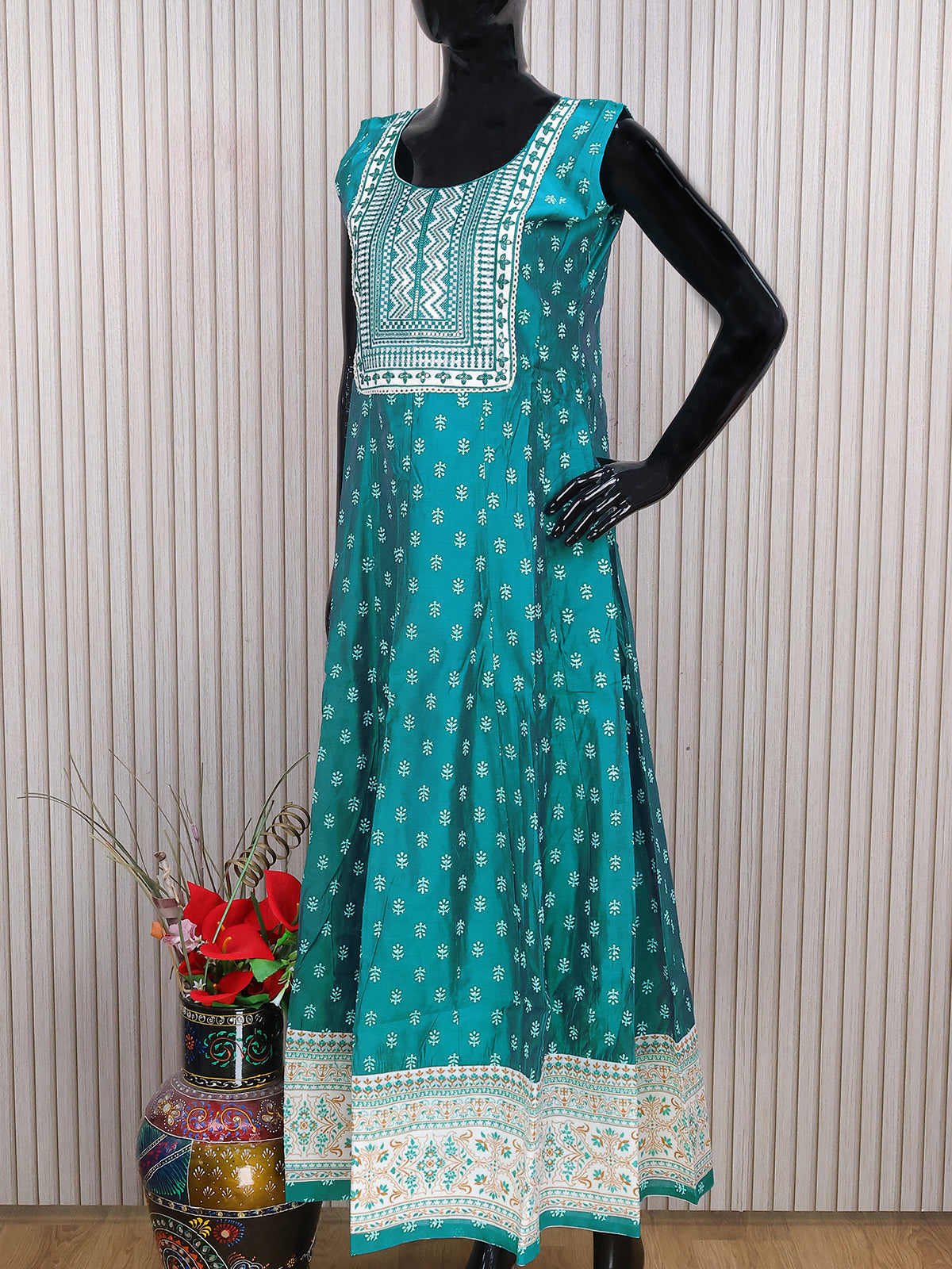 Chanderi readymade anarkali salwar suits teal blue with butta prints & sequin work neck pattern and straight cut pant & sequin work dupatta - sleeves attached