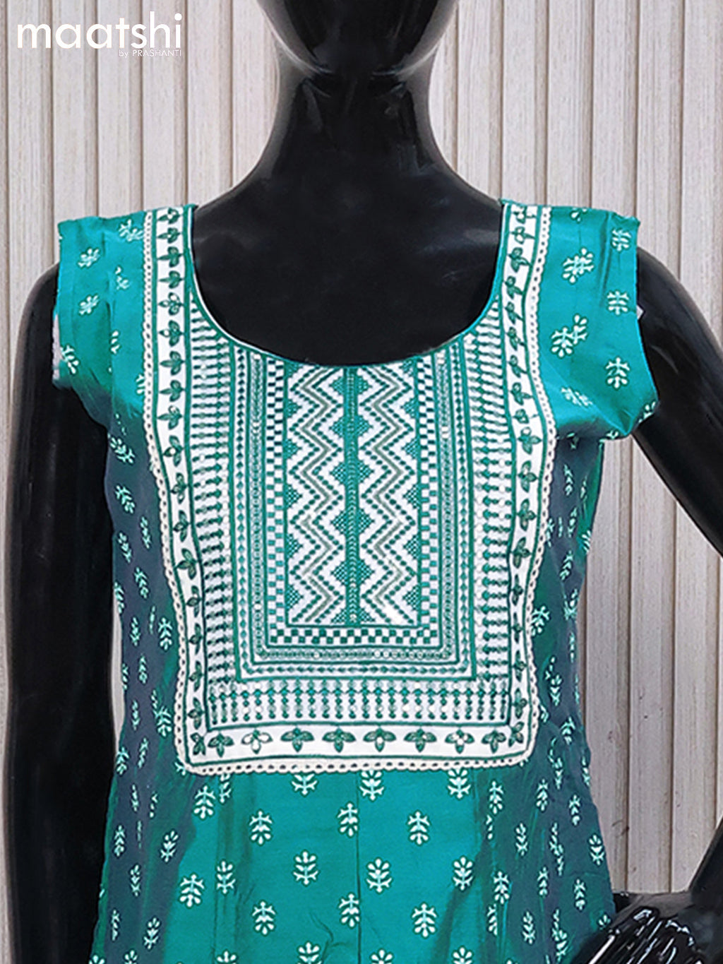 Chanderi readymade anarkali salwar suits teal blue with butta prints & sequin work neck pattern and straight cut pant & sequin work dupatta - sleeves attached