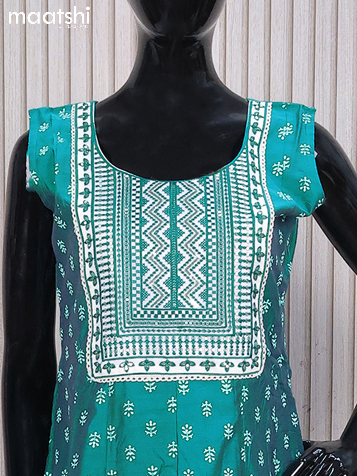 Chanderi readymade anarkali salwar suits teal blue with butta prints & sequin work neck pattern and straight cut pant & sequin work dupatta - sleeves attached