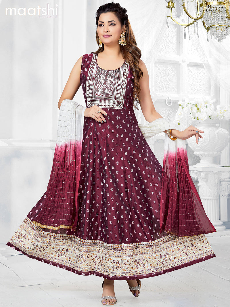 Chanderi readymade anarkali salwar suits wine shade with butta prints & sequin work neck pattern and straight cut pant & sequin work dupatta - sleeves attached