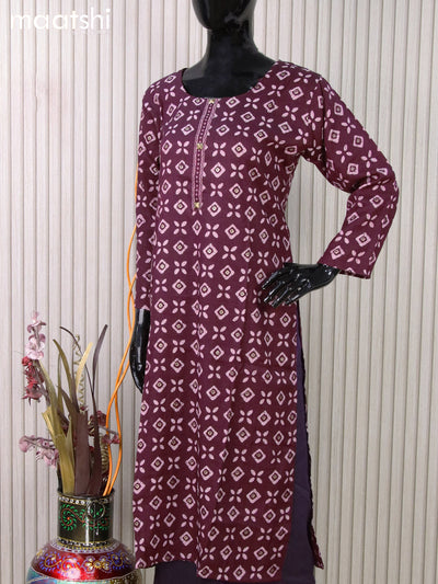 Rayon readymade kurti set wine shade with batik butta prints and straight cut pant