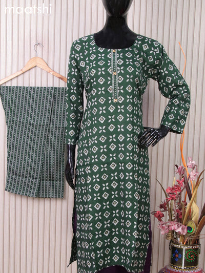 Rayon readymade kurti set bottle green with batik butta prints and straight cut pant