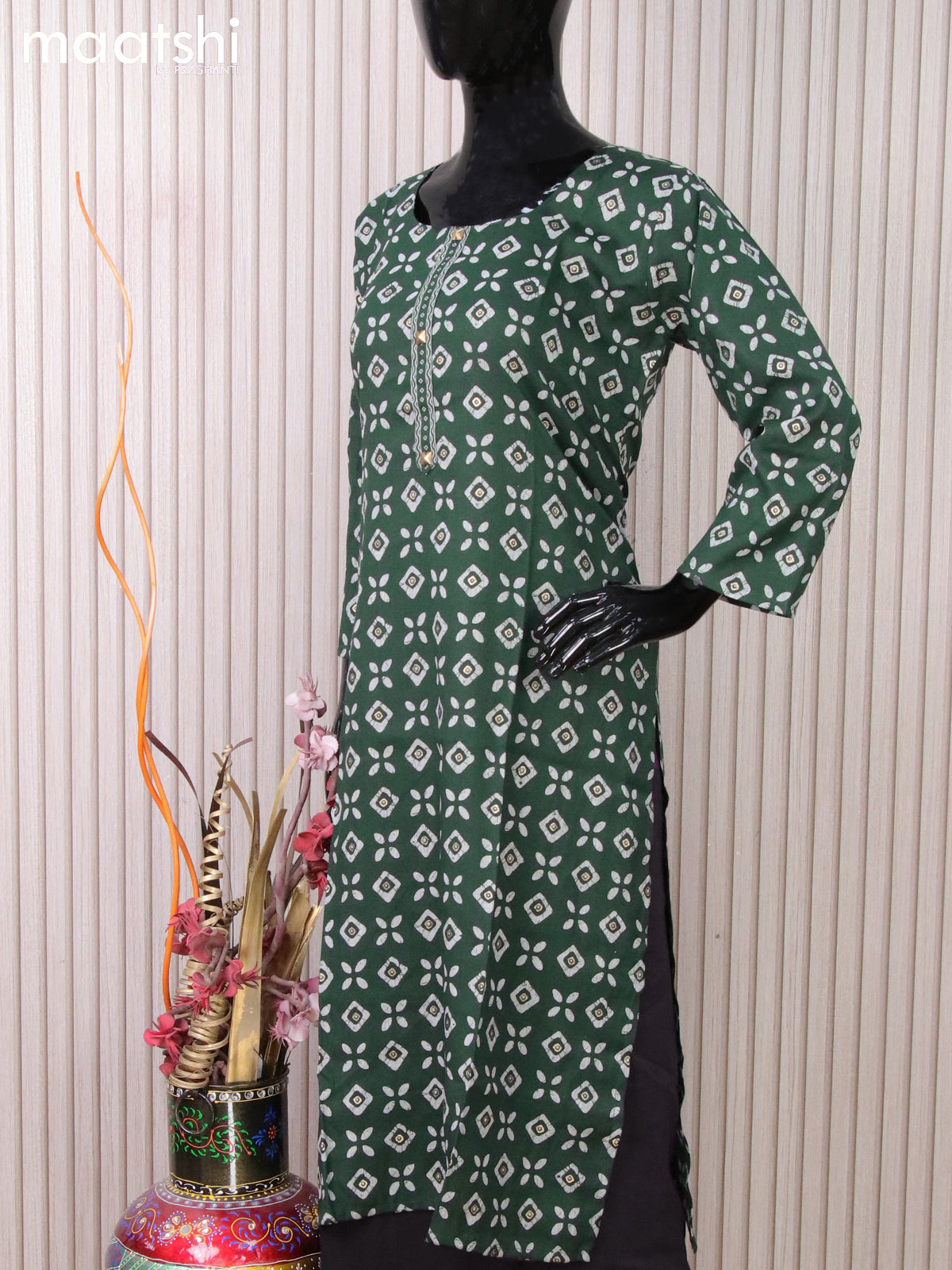 Rayon readymade kurti set bottle green with batik butta prints and straight cut pant