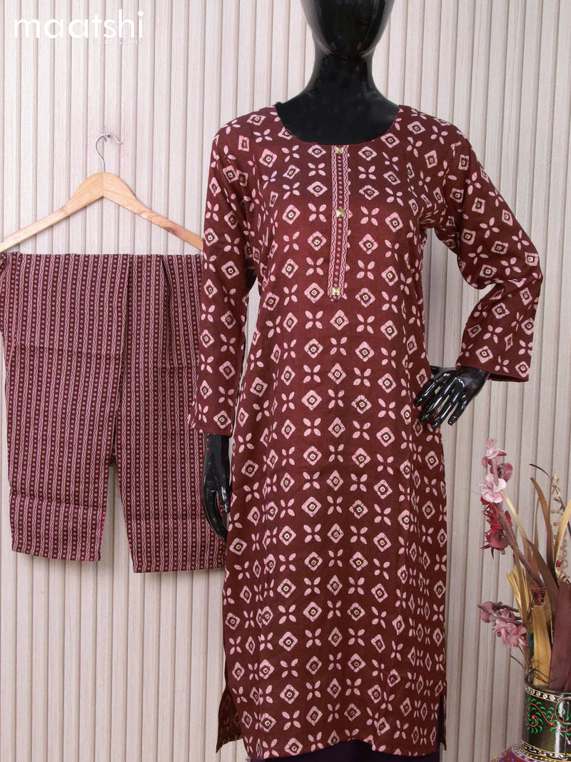 Rayon readymade kurti set maroon with batik butta prints and straight cut pant
