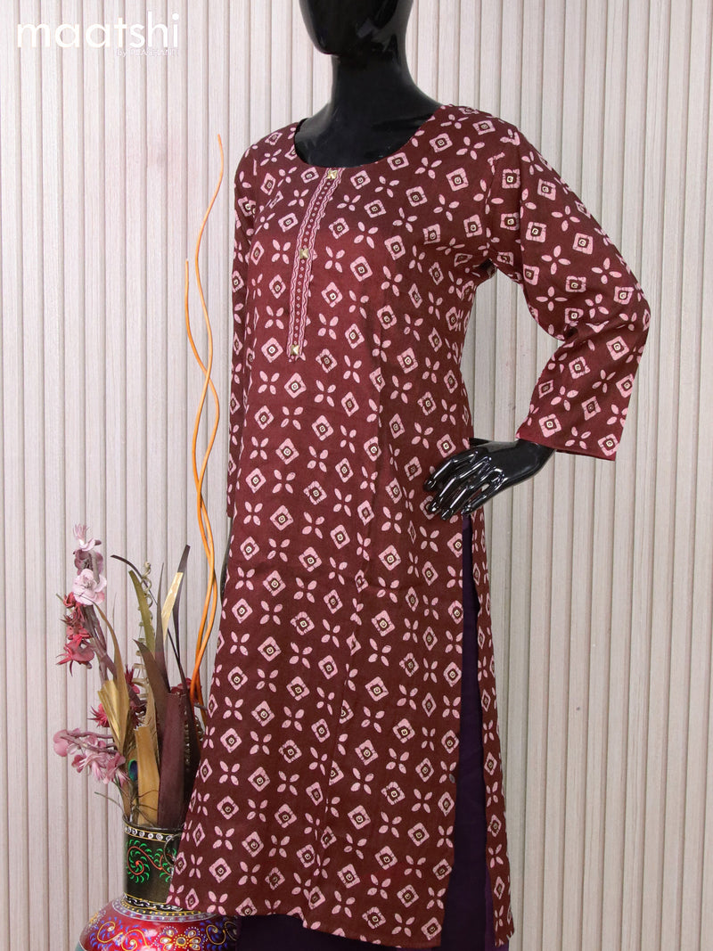 Rayon readymade kurti set maroon with batik butta prints and straight cut pant