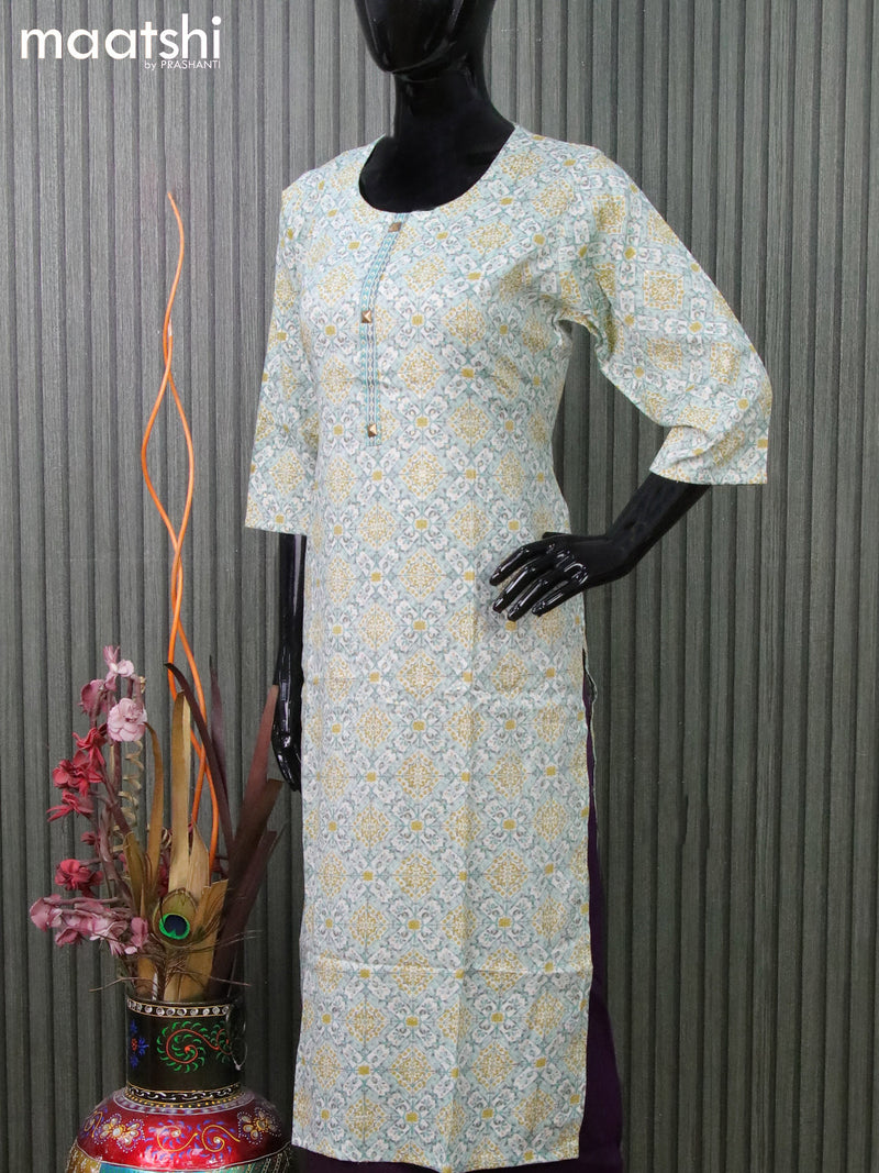 Rayon readymade kurti set off white blue shadewith allover prints and straight cut pant
