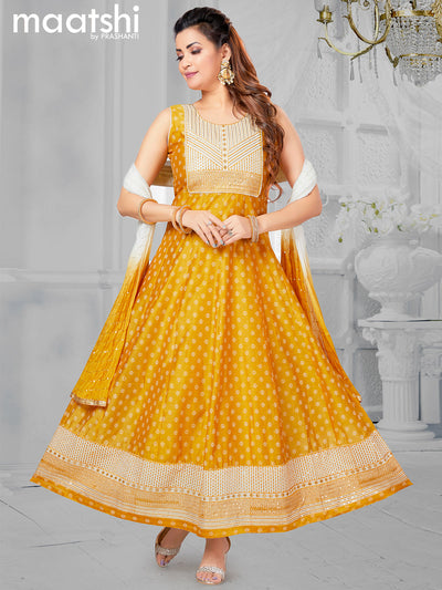 Chanderi readymade anarkali salwar suit mustard yellow and off white with allover butta prints & sequin work neck pattern and straight cut pant & chiffon dupatta - sleeves attached