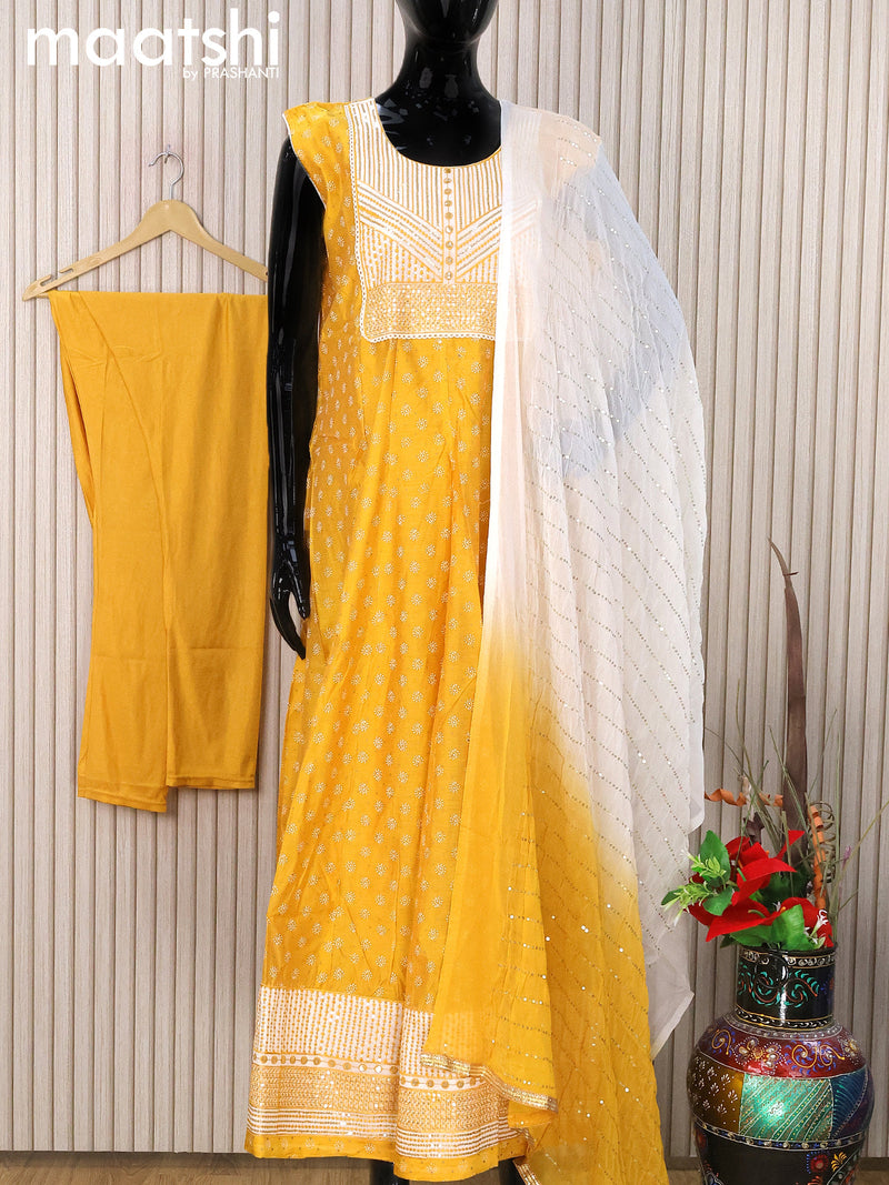 Chanderi readymade anarkali salwar suit mustard yellow and off white with allover butta prints & sequin work neck pattern and straight cut pant & chiffon dupatta - sleeves attached