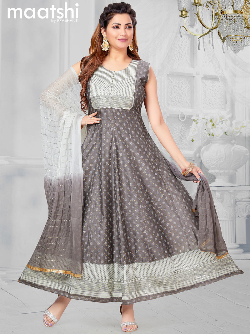 Chanderi readymade anarkali salwar suit grey and off white with allover butta prints & sequin work neck pattern and straight cut pant & chiffon dupatta - sleeves attached