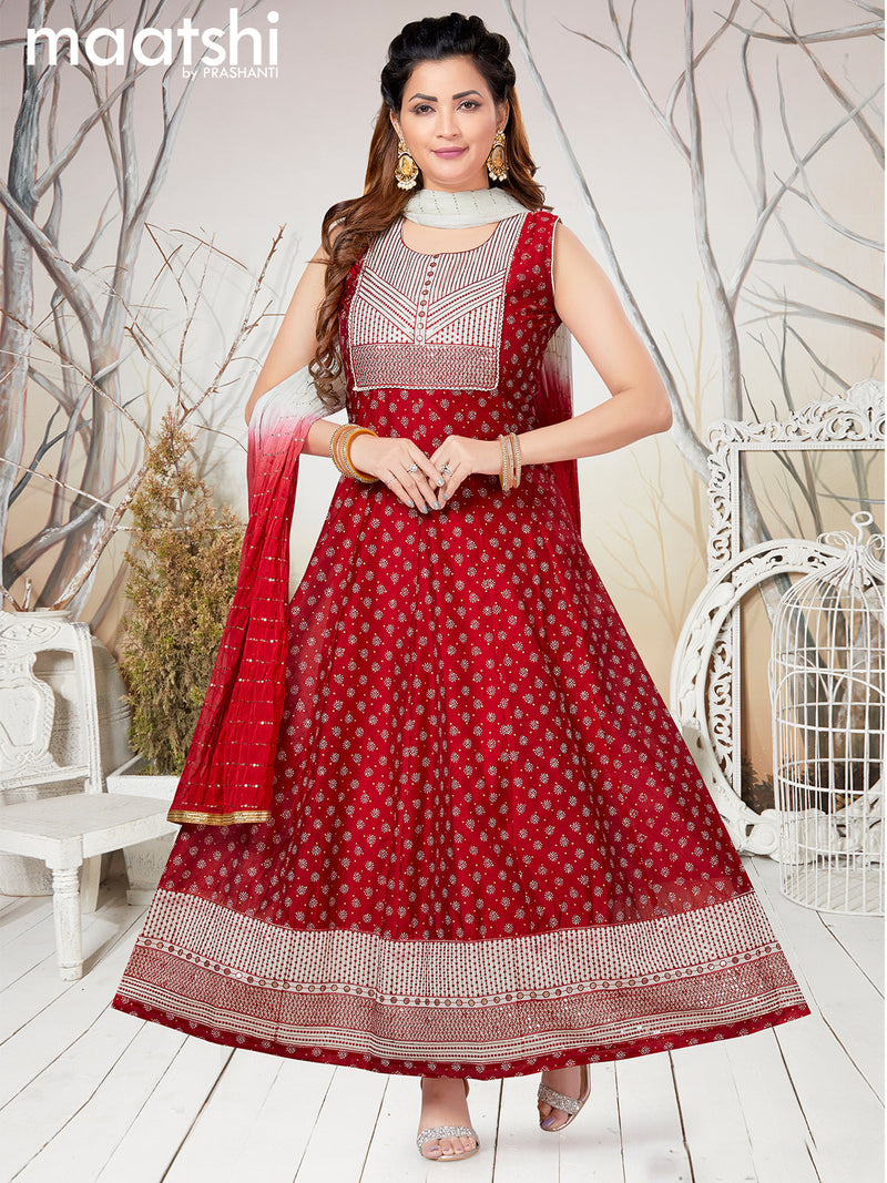 Chanderi readymade anarkali salwar suit red and off white with allover butta prints & sequin work neck pattern and straight cut pant & chiffon dupatta - sleeves attached
