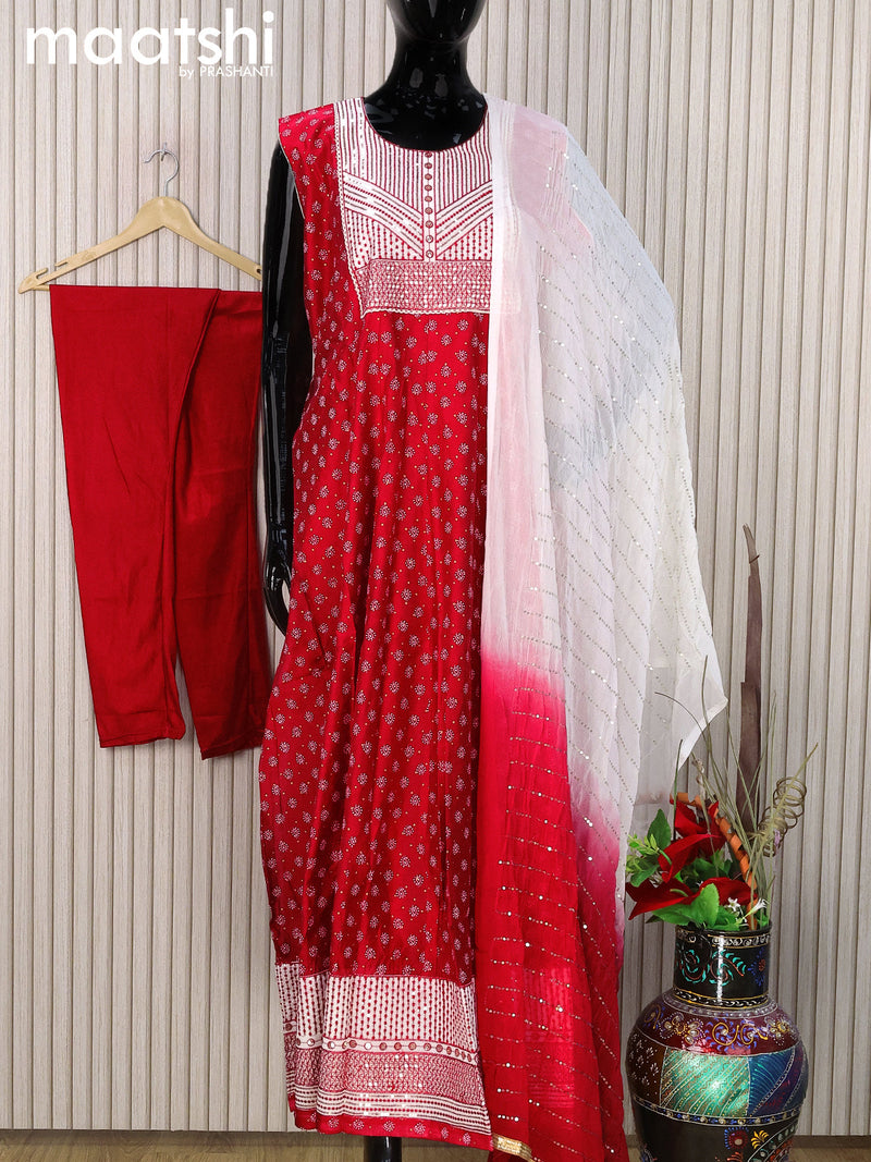 Chanderi readymade anarkali salwar suit red and off white with allover butta prints & sequin work neck pattern and straight cut pant & chiffon dupatta - sleeves attached