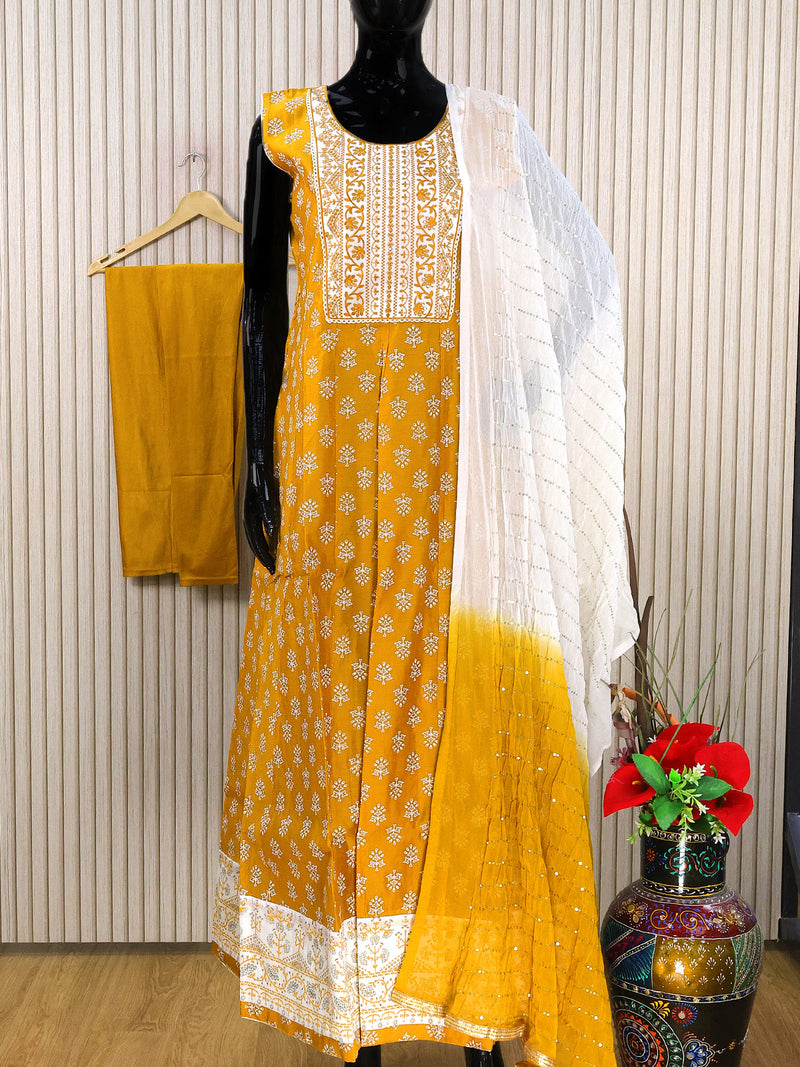 Chanderi readymade anarkali salwar suits mustard yellow with butta prints & sequin work embroidery neck pattern and straight cut pant & chiffon dupatta - sleeves attached
