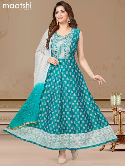 Chanderi readymade anarkali salwar suits teal blue with butta prints & sequin work embroidery neck pattern and straight cut pant & chiffon dupatta - sleeves attached
