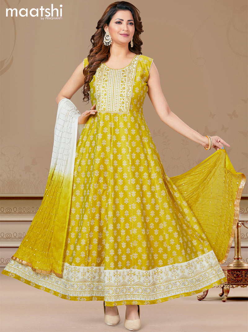 Chanderi readymade anarkali salwar suits lime yellow with butta prints & sequin work embroidery neck pattern and straight cut pant & chiffon dupatta - sleeves attached