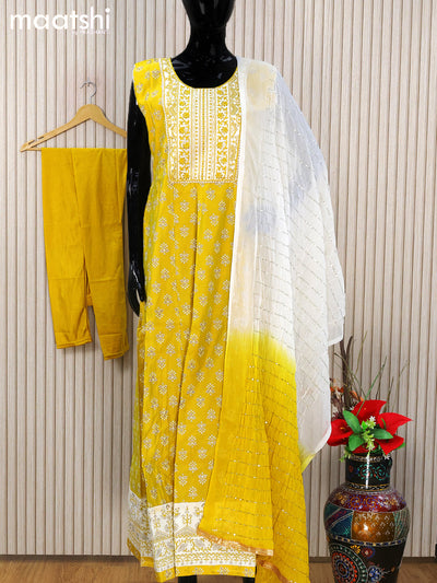 Chanderi readymade anarkali salwar suits lime yellow with butta prints & sequin work embroidery neck pattern and straight cut pant & chiffon dupatta - sleeves attached