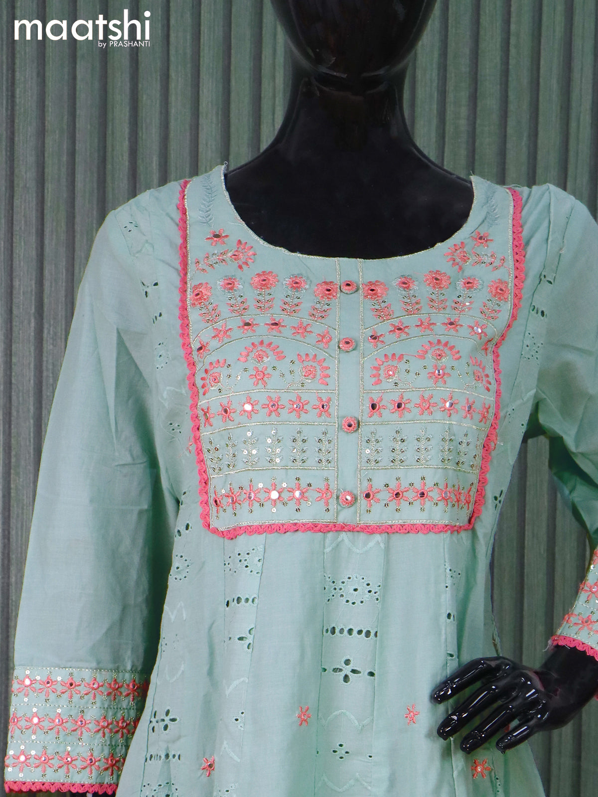 Cotton readymade umbrella salwar suits pastel blue shade with allover hakoba work & embroidery mirror work neck pattern and straight cut pant & cotton dupatta