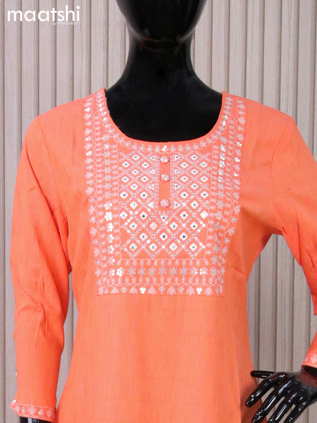 Rayon readymade kurti orange with embroidery sequin work neck pattern without pant
