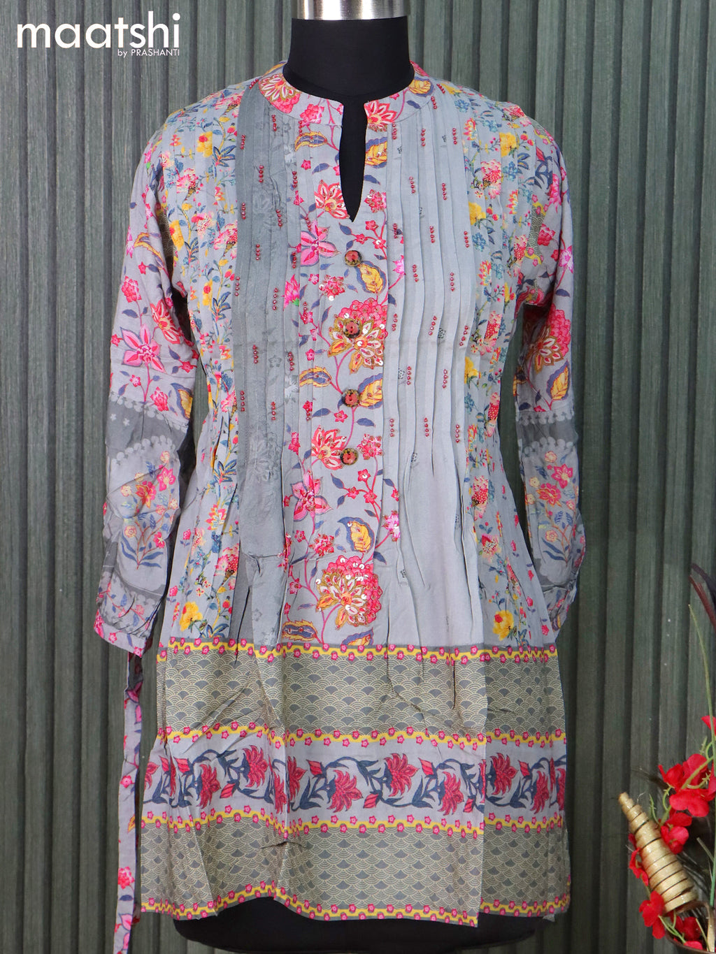 Rayon readymade short kurti pastel grey with allover prints & beaded work neck pattern without pant