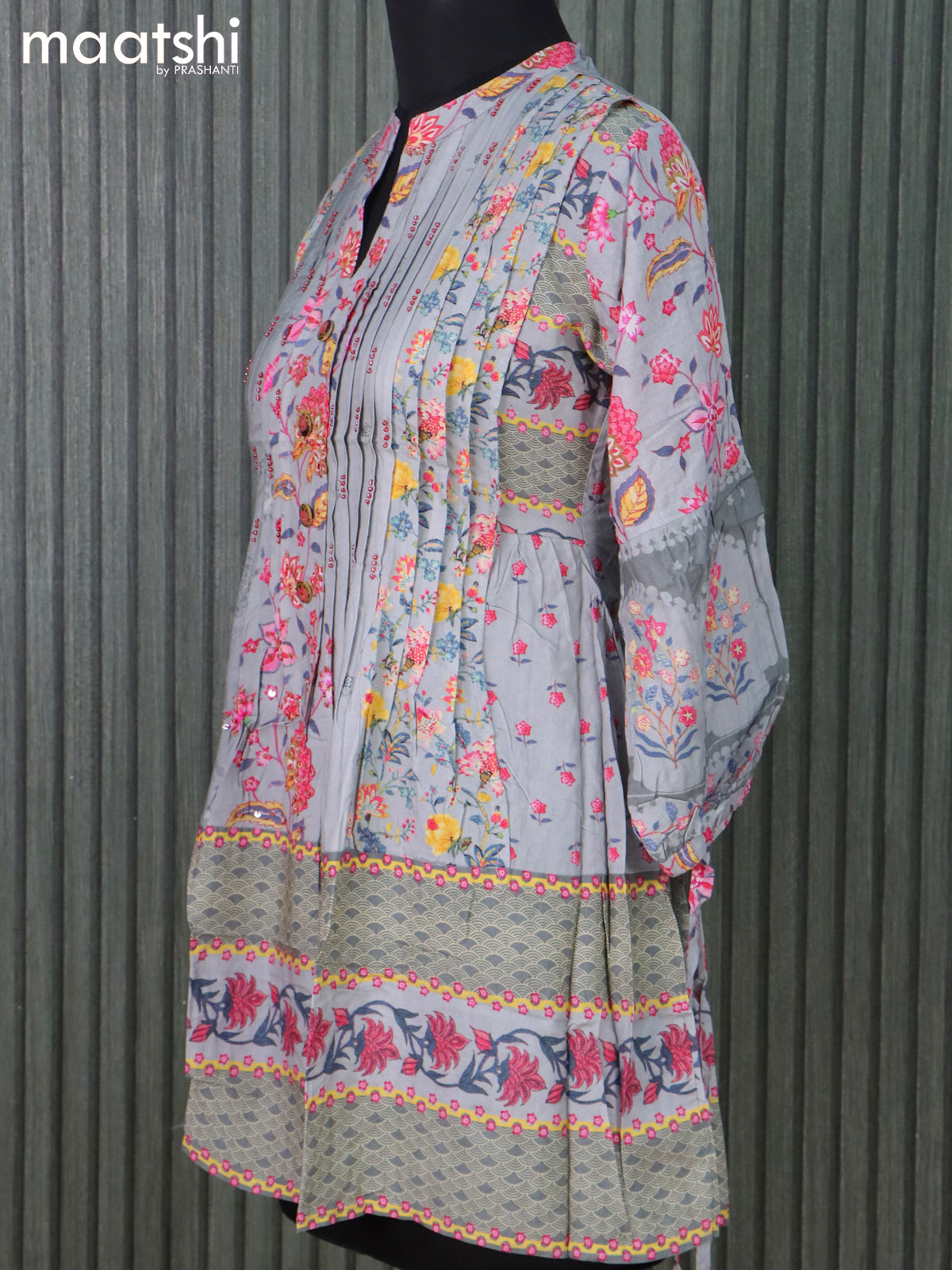 Rayon readymade short kurti pastel grey with allover prints & beaded work neck pattern without pant